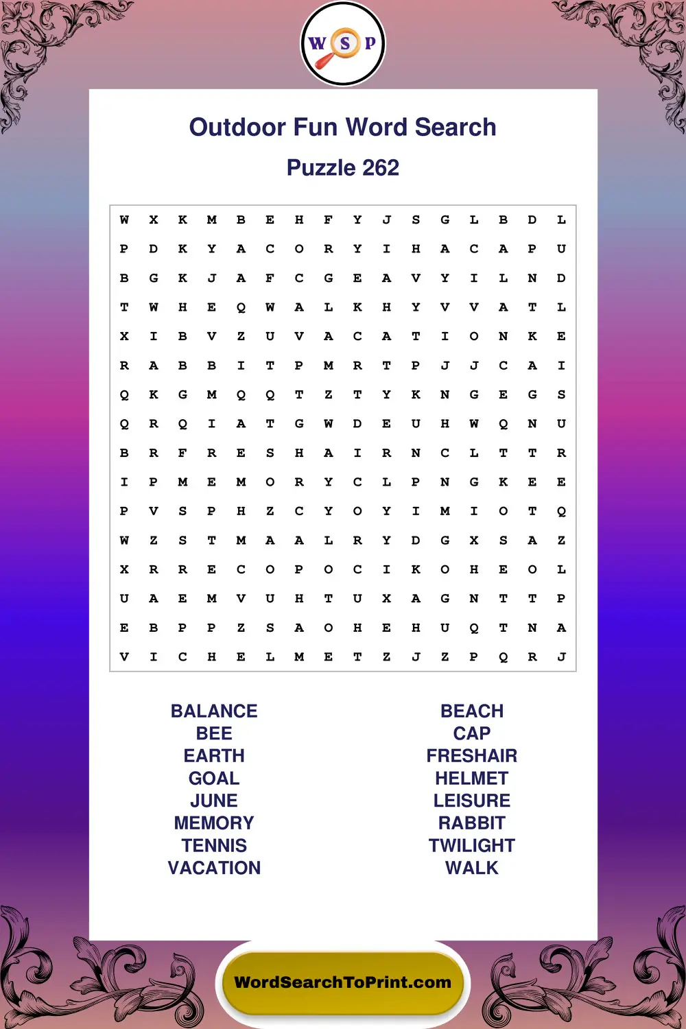 Outdoor Fun Word Search Puzzle 262