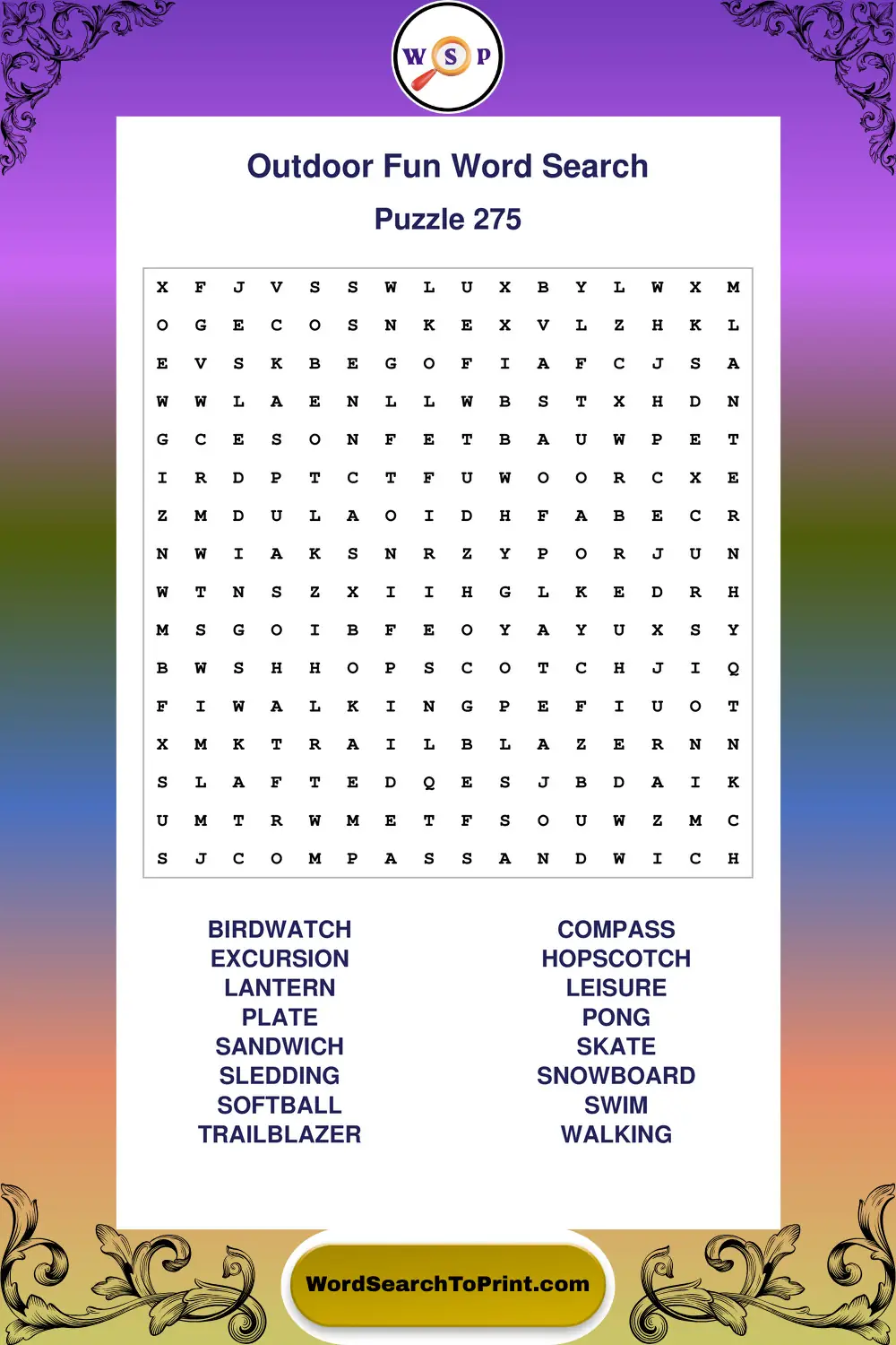 Outdoor Fun Word Search Puzzle 275