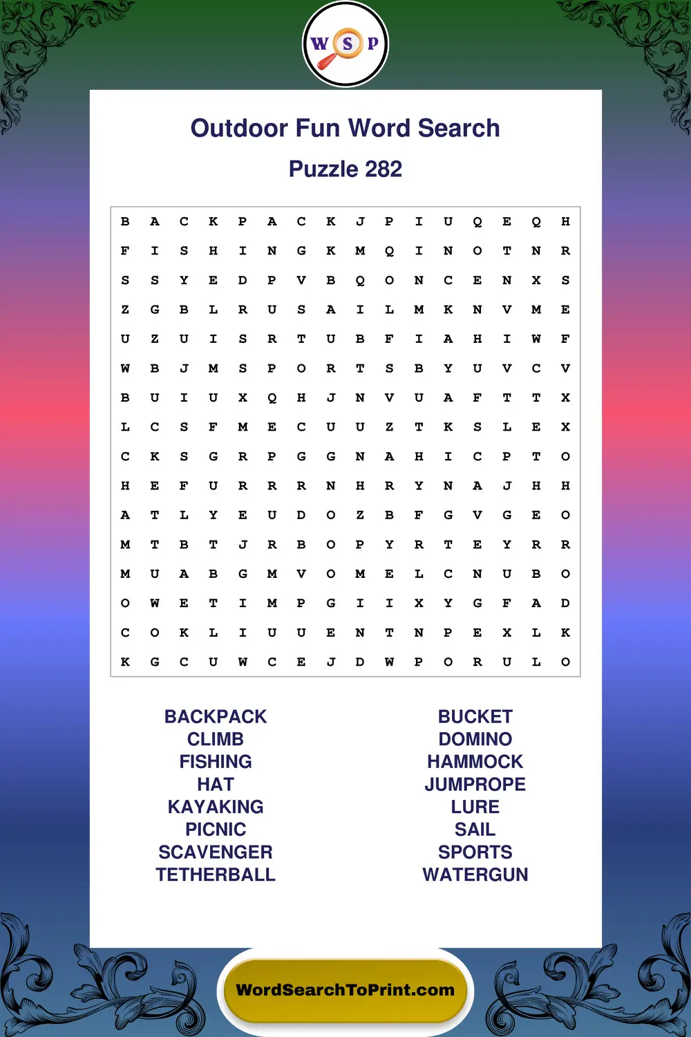 Outdoor Fun Word Search Puzzle 282