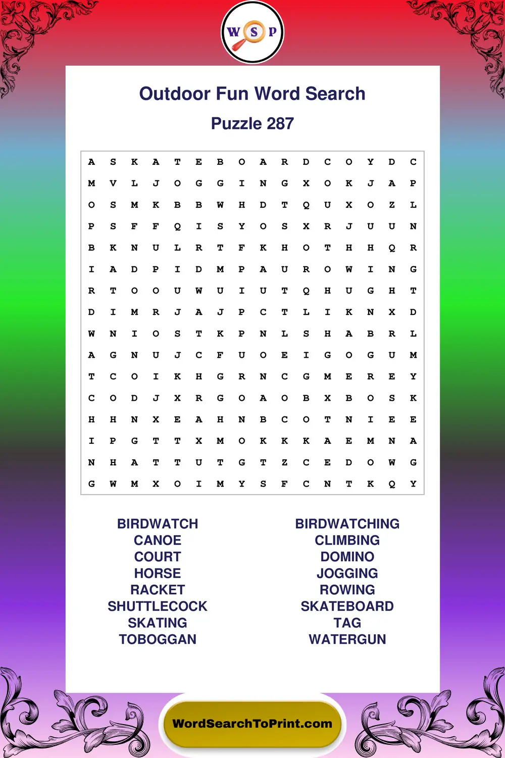 Outdoor Fun Word Search Puzzle 287