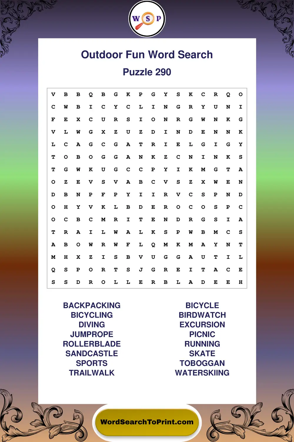 Outdoor Fun Word Search Puzzle 290