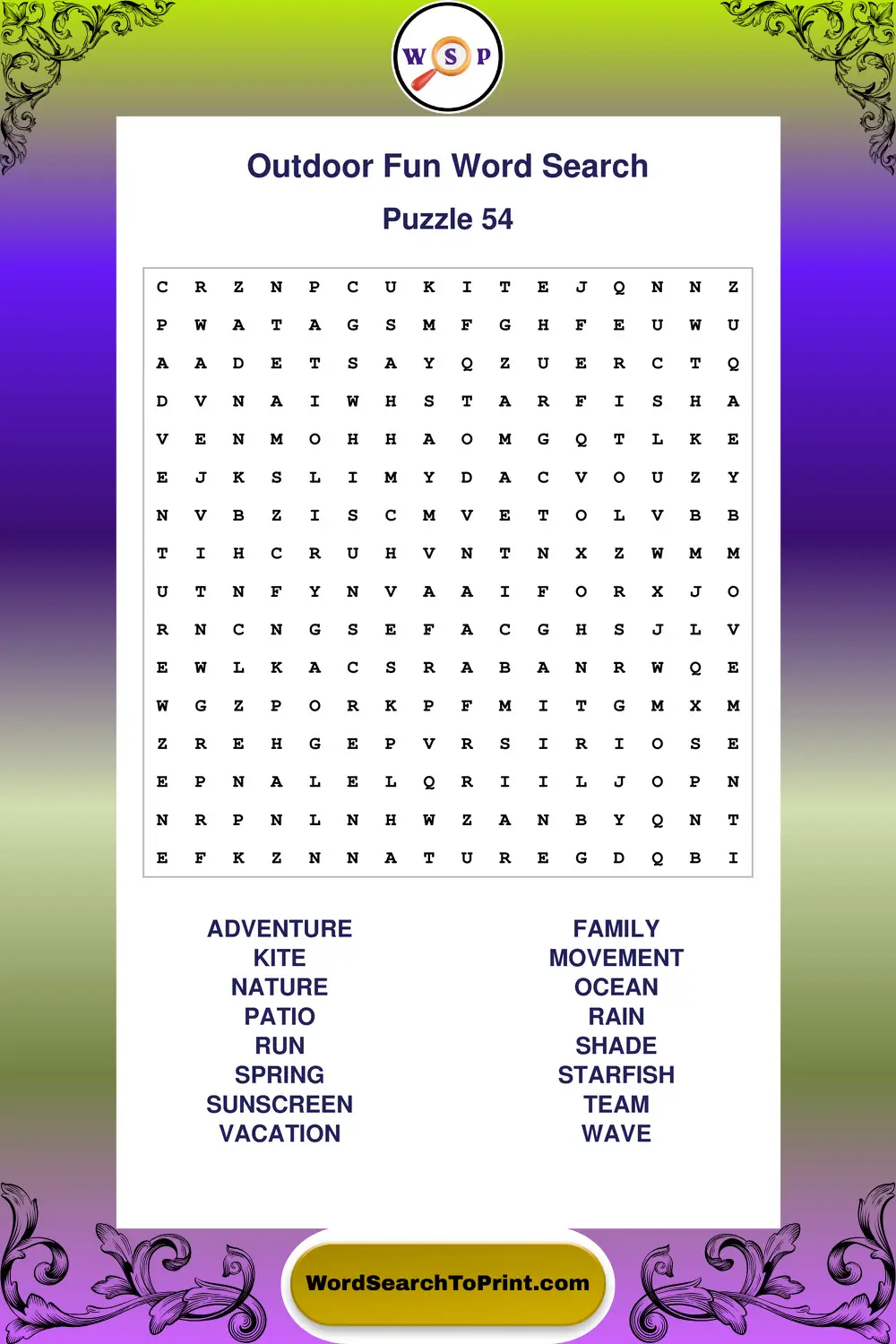 Outdoor Fun Word Search Puzzle 54