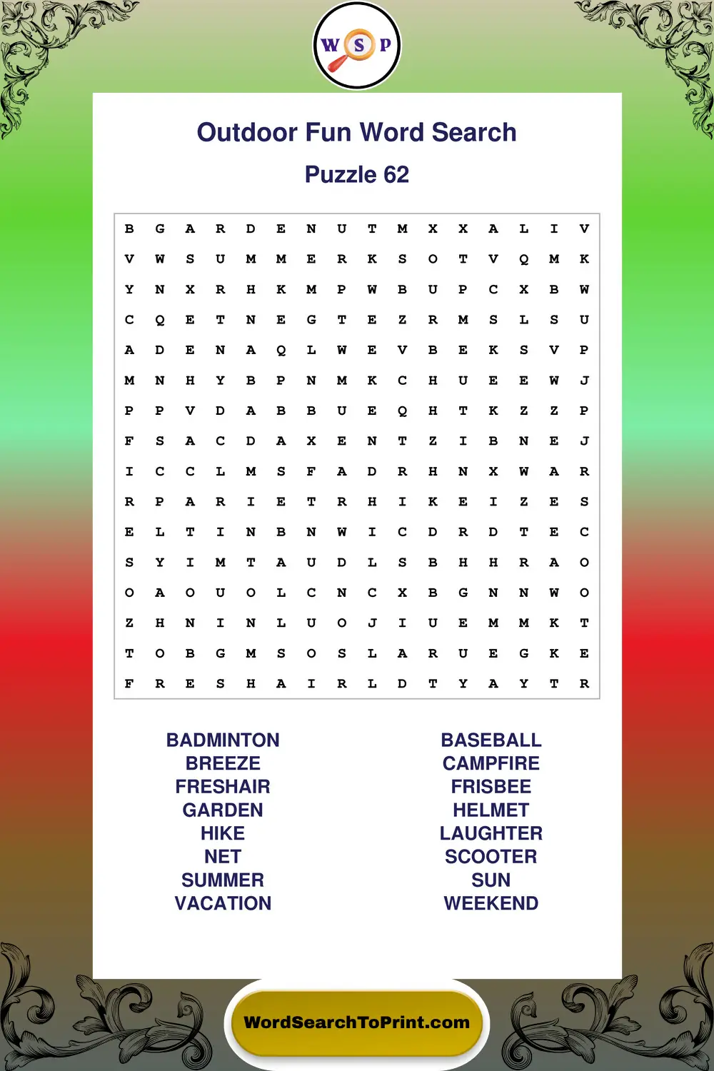 Outdoor Fun Word Search Puzzle 62