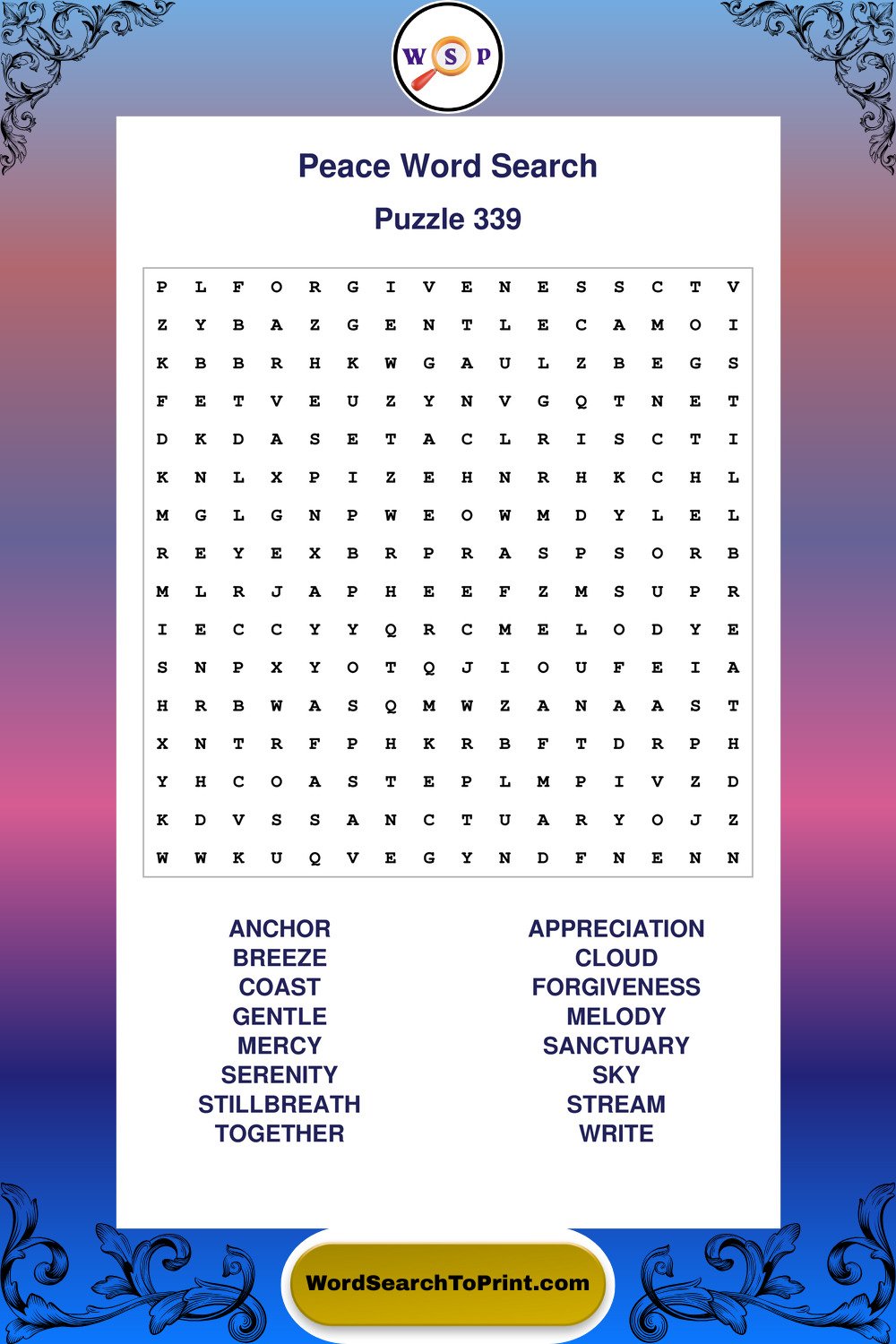 Peace Word Search Puzzle 339