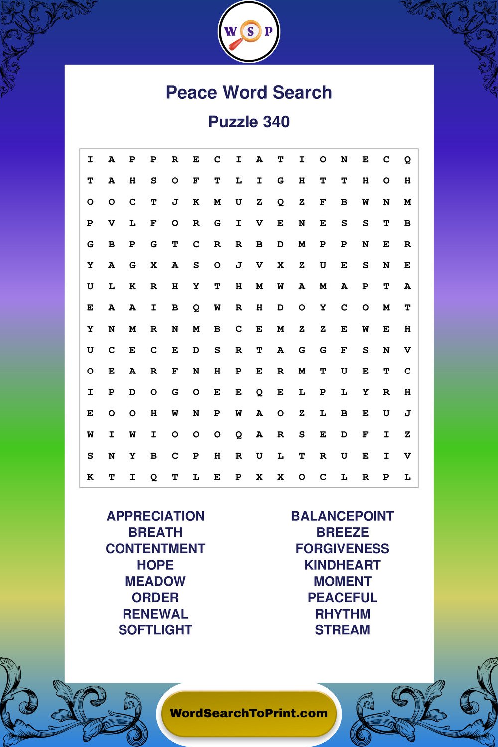 Peace Word Search Puzzle 340