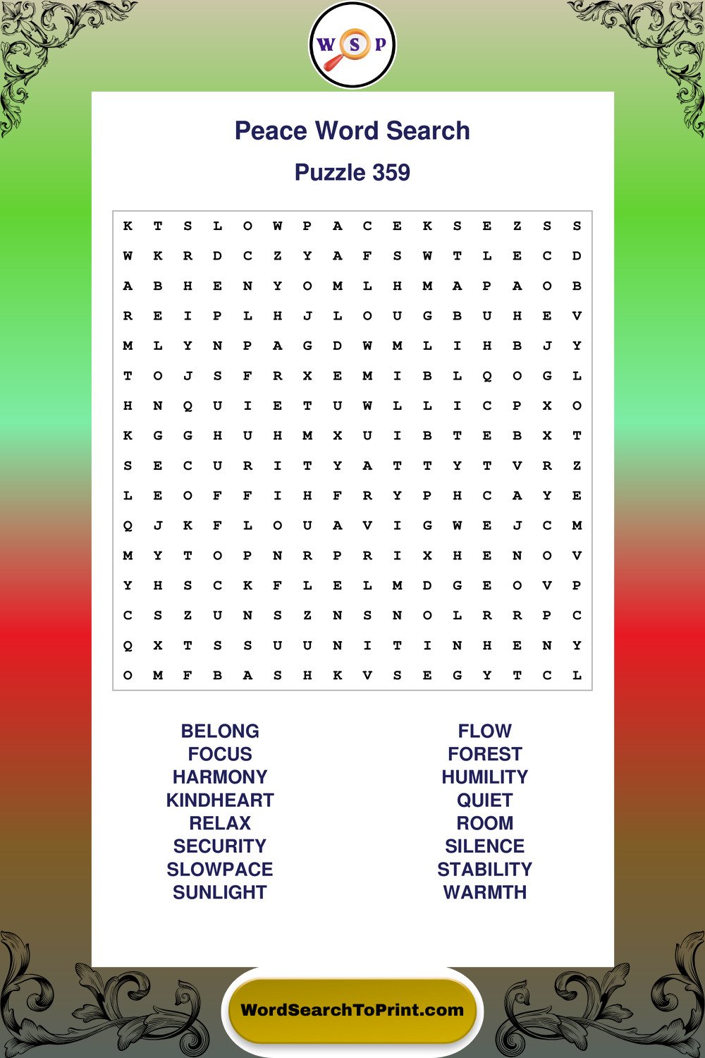 Peace Word Search Puzzle 359