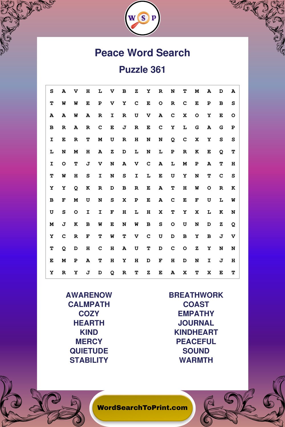 Peace Word Search Puzzle 361