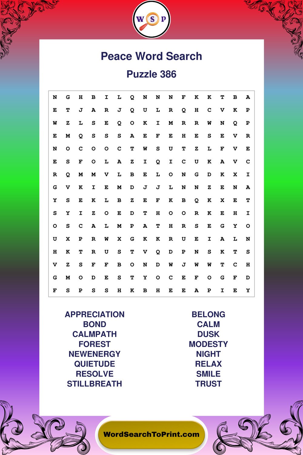 Peace Word Search Puzzle 386
