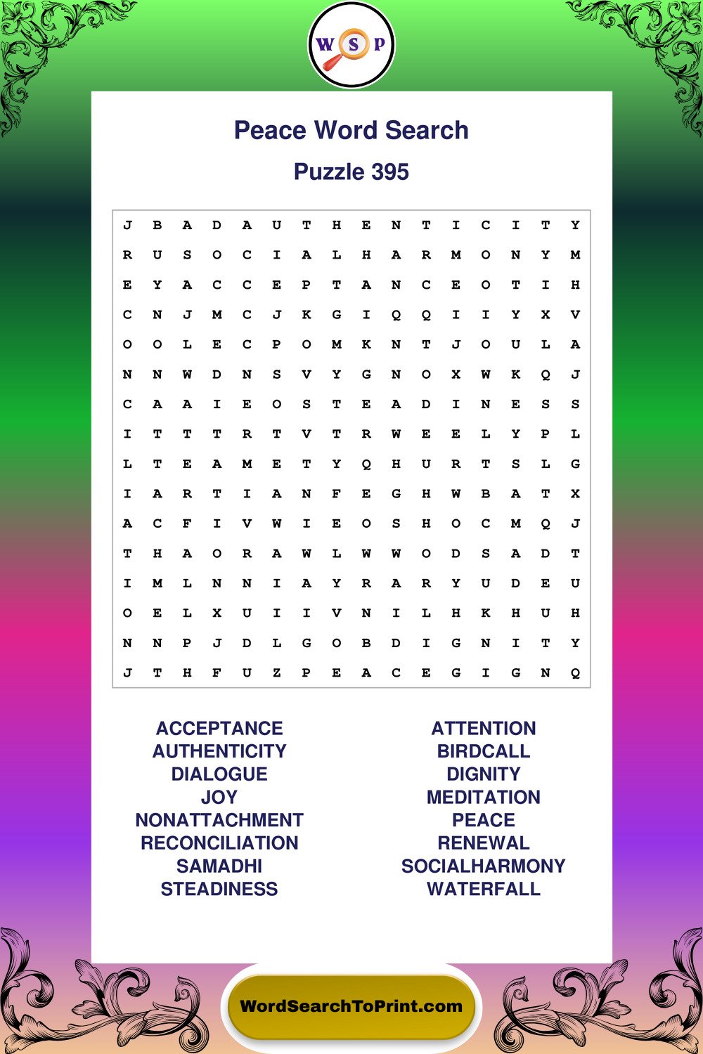 Peace Word Search Puzzle 395