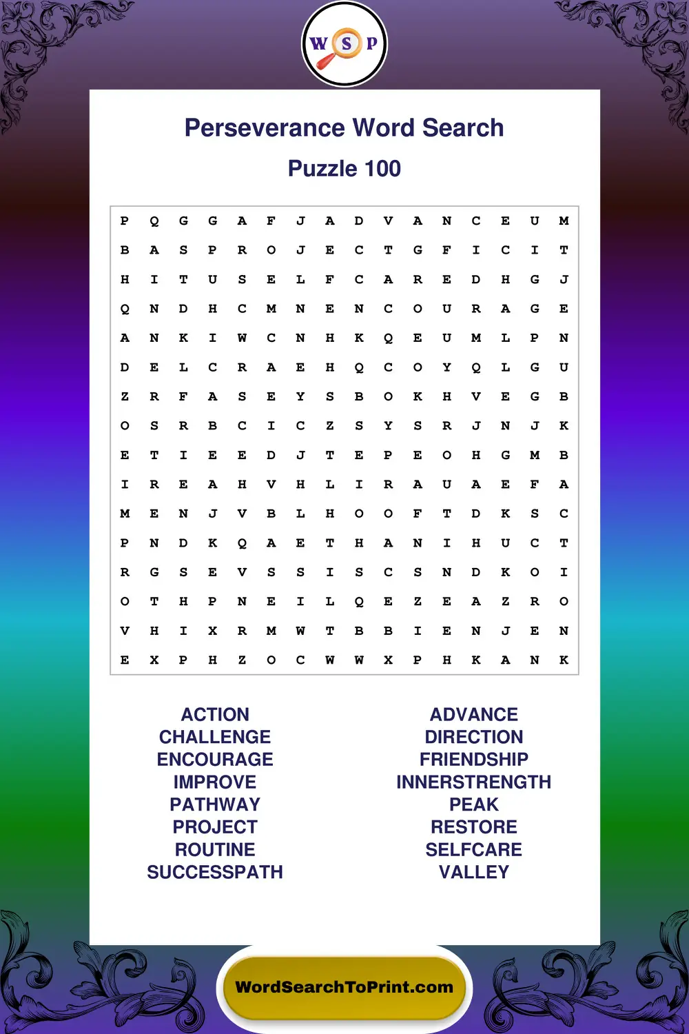 Perseverance Word Search Puzzle 100