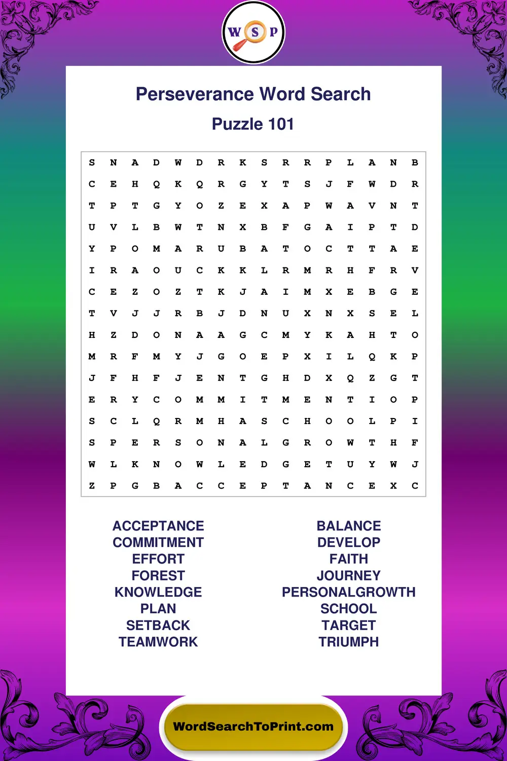 Perseverance Word Search Puzzle 101