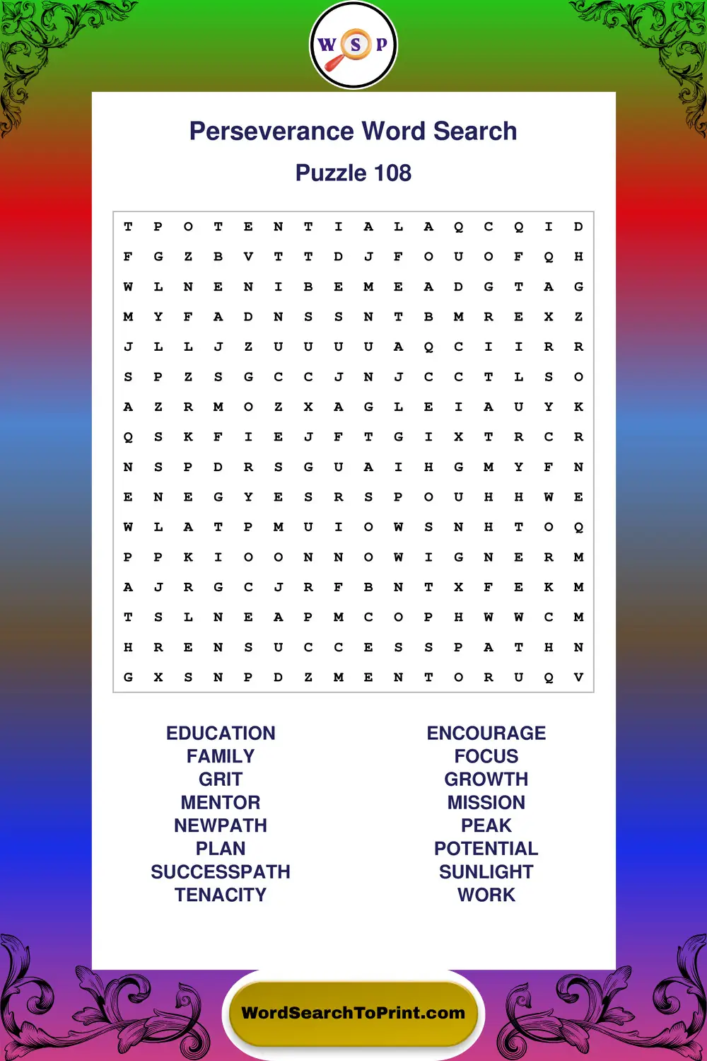 Perseverance Word Search Puzzle 108