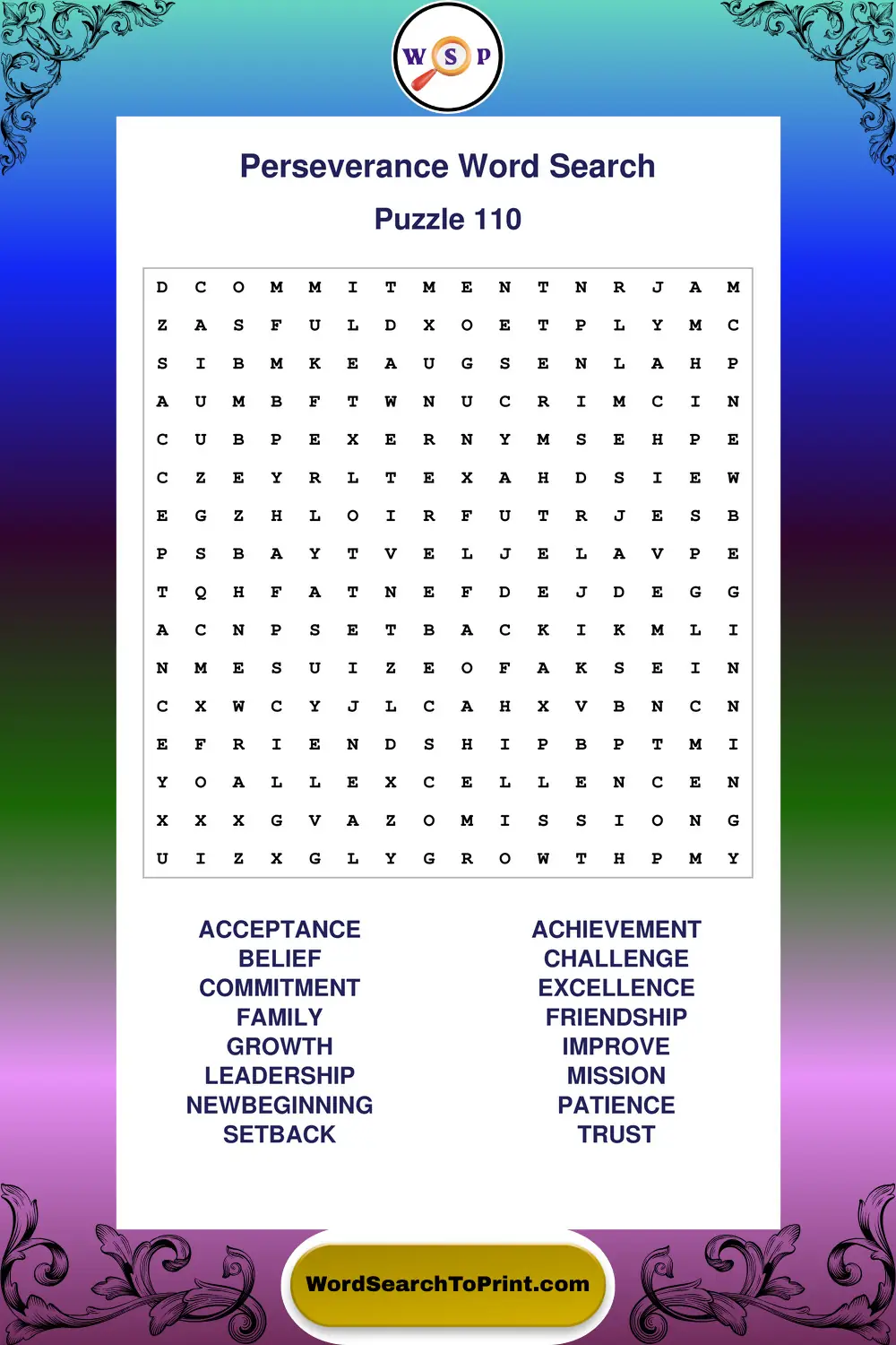 Perseverance Word Search Puzzle 110