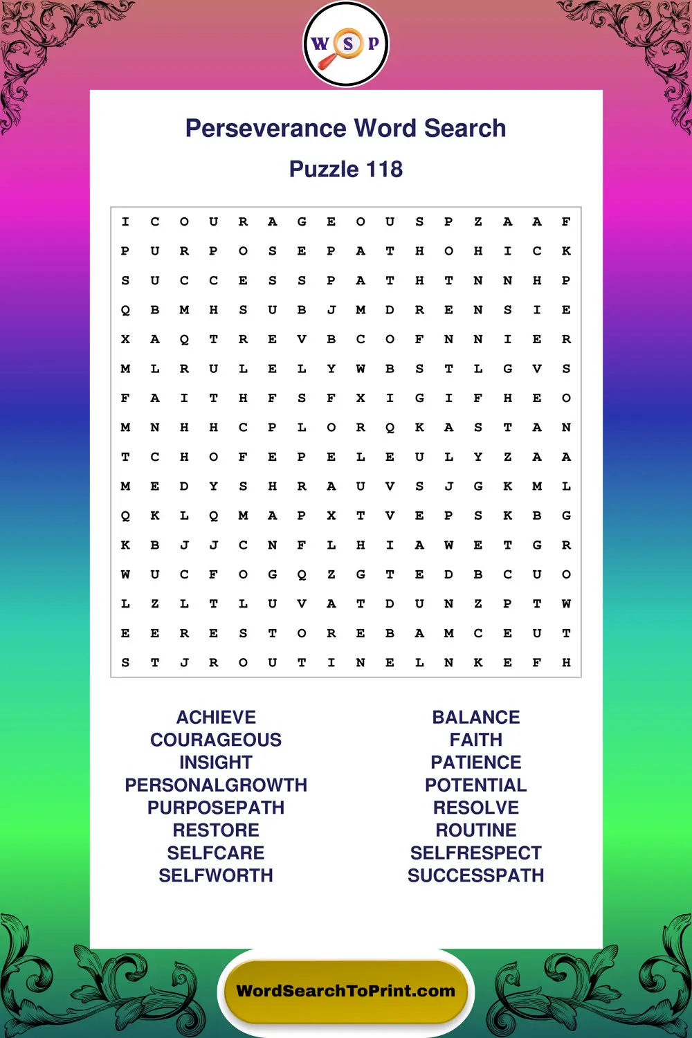 Perseverance Word Search Puzzle 118