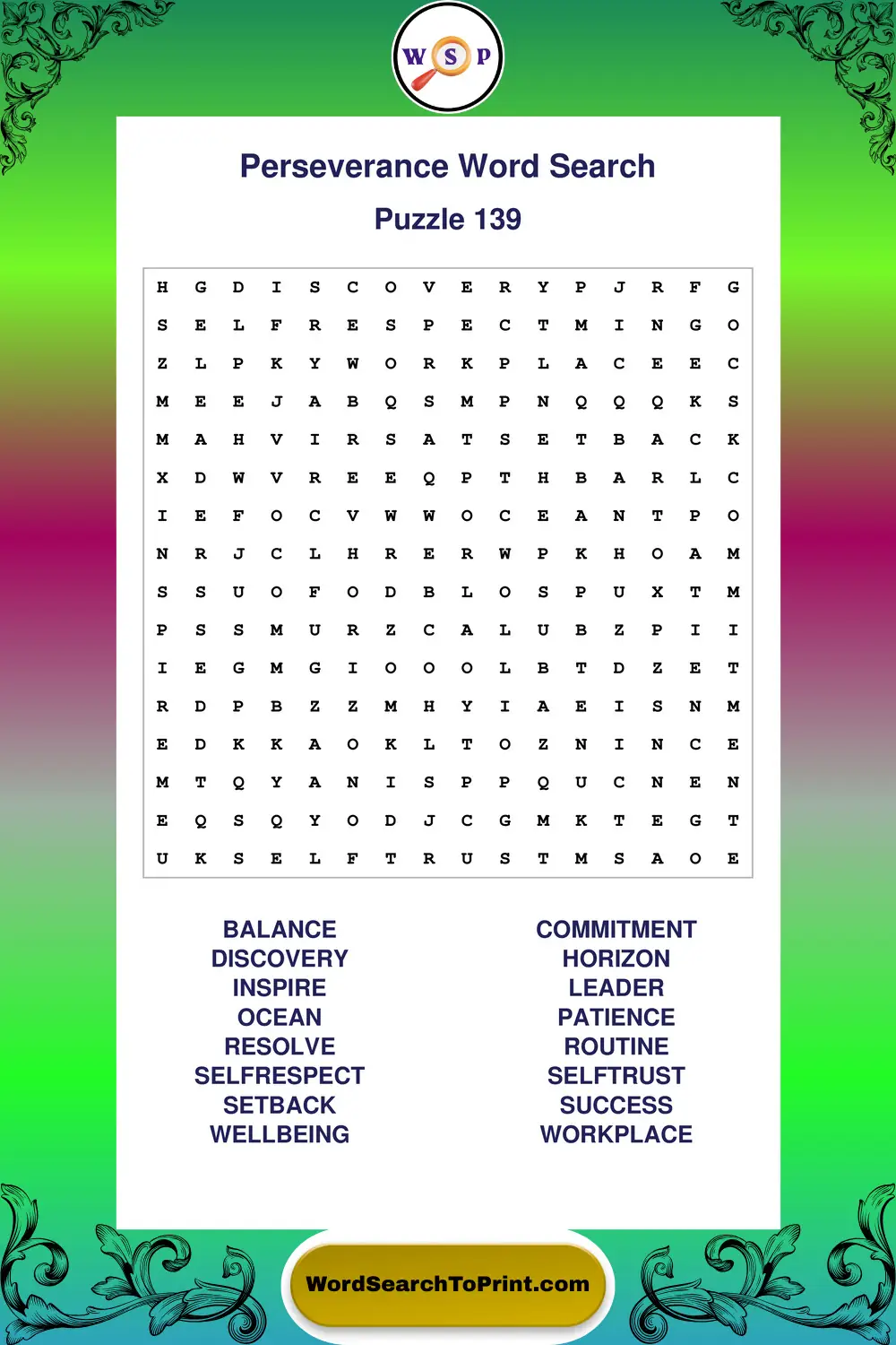 Perseverance Word Search Puzzle 139