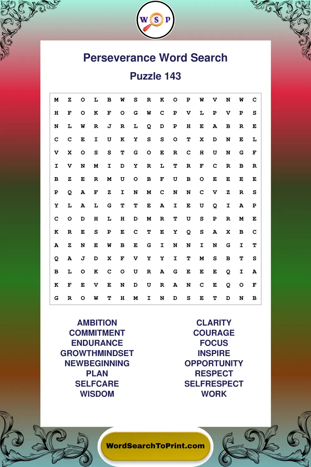 Perseverance Word Search Puzzle 143