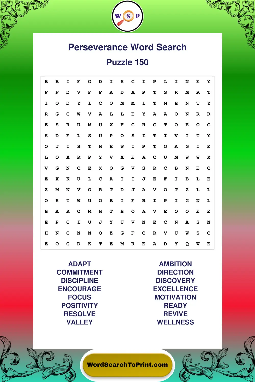 Perseverance Word Search Puzzle 150