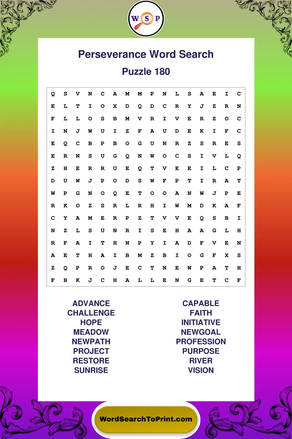 Perseverance Word Search Puzzle 180