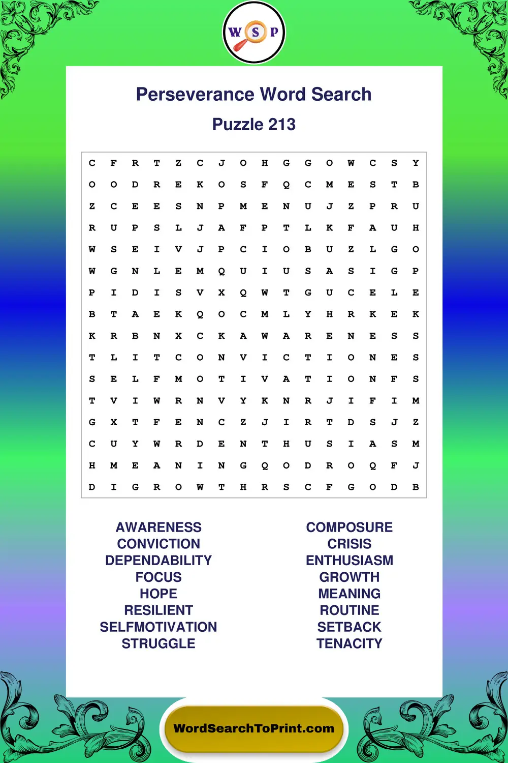 Perseverance Word Search Puzzle 213
