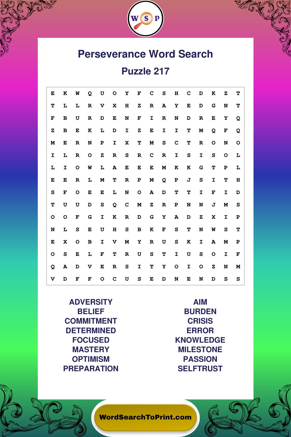 Perseverance Word Search Puzzle 217