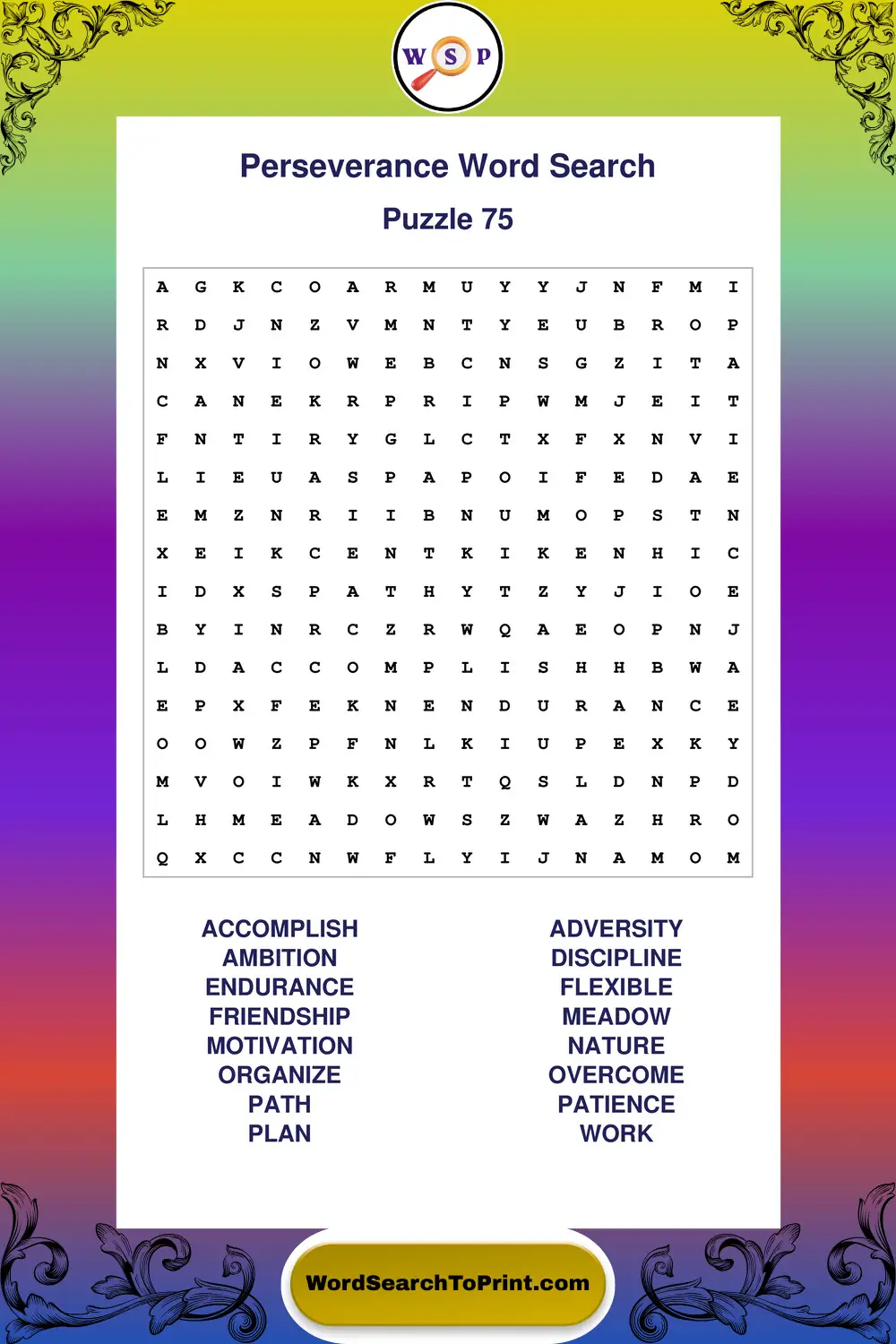 Perseverance Word Search Puzzle 75