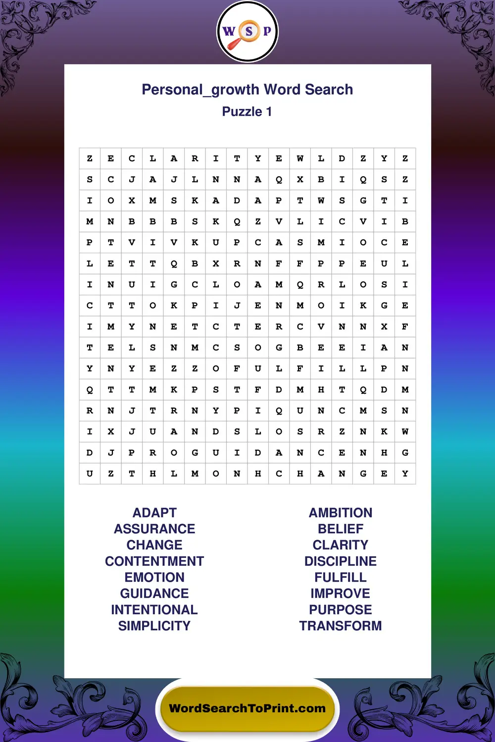 Personal Growth Word Search Puzzle 1