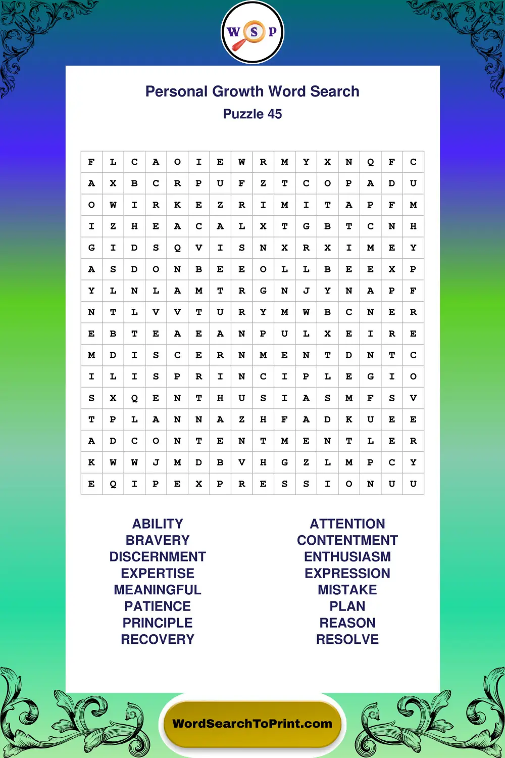 Personal Growth Word Search Puzzle 45