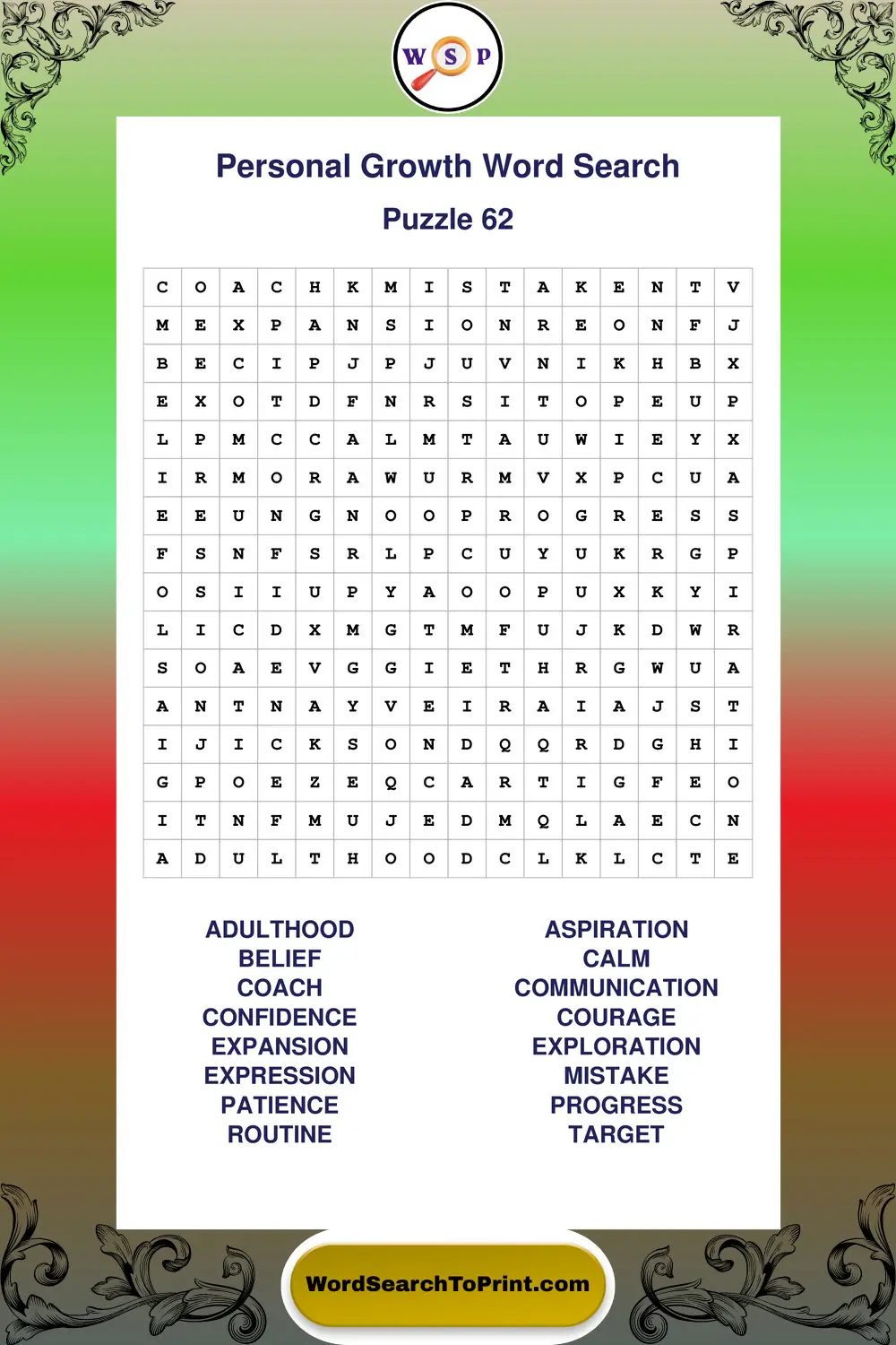 Personal Growth Word Search Puzzle 62