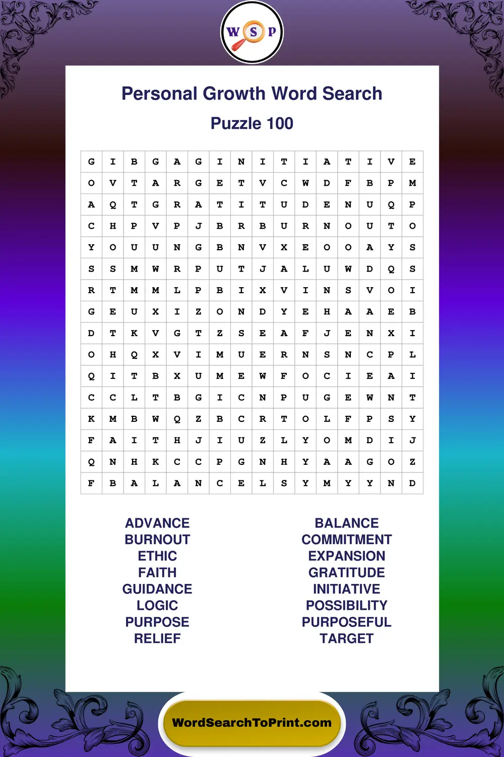 Personal Growth Word Search Puzzle 100