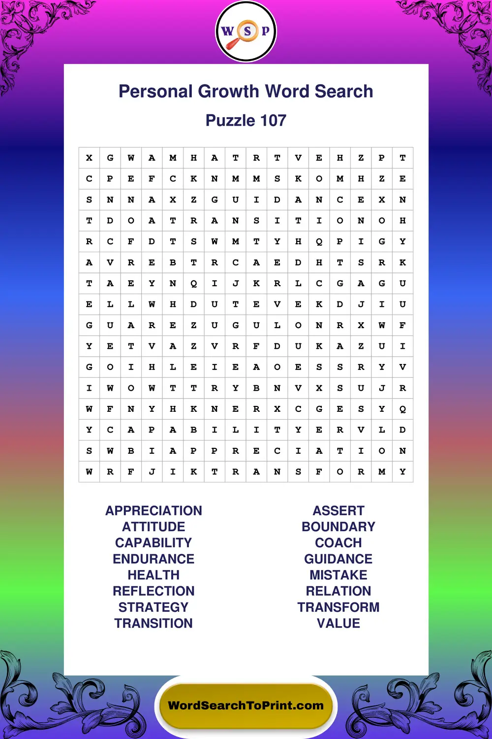 Personal Growth Word Search Puzzle 107