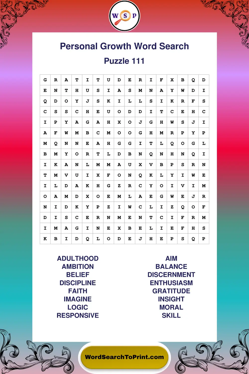 Personal Growth Word Search Puzzle 111