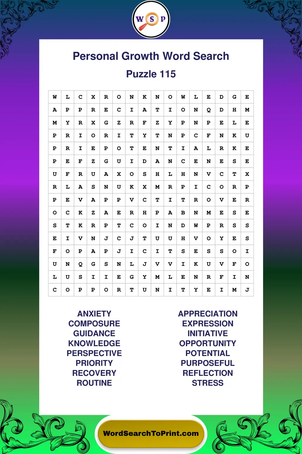 Personal Growth Word Search Puzzle 115