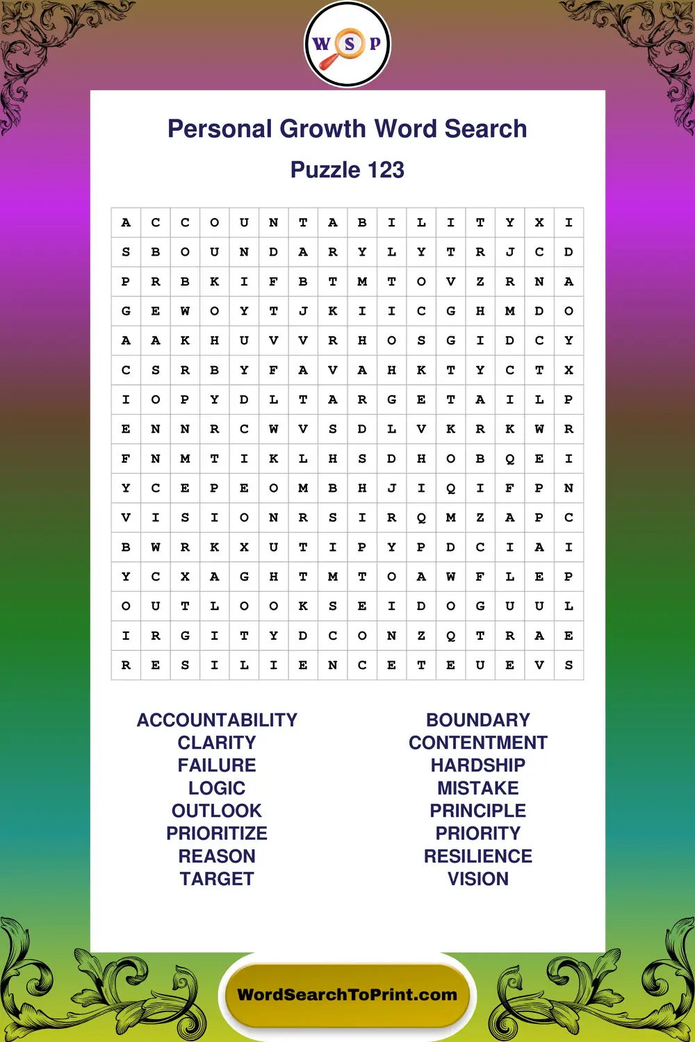Personal Growth Word Search Puzzle 123