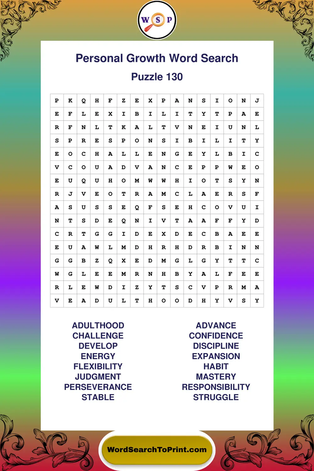 Personal Growth Word Search Puzzle 130