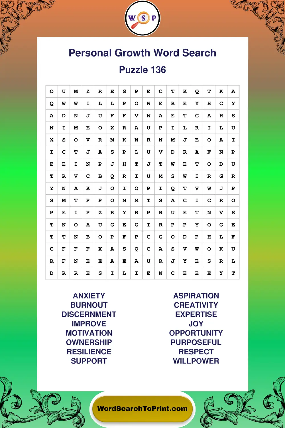 Personal Growth Word Search Puzzle 136