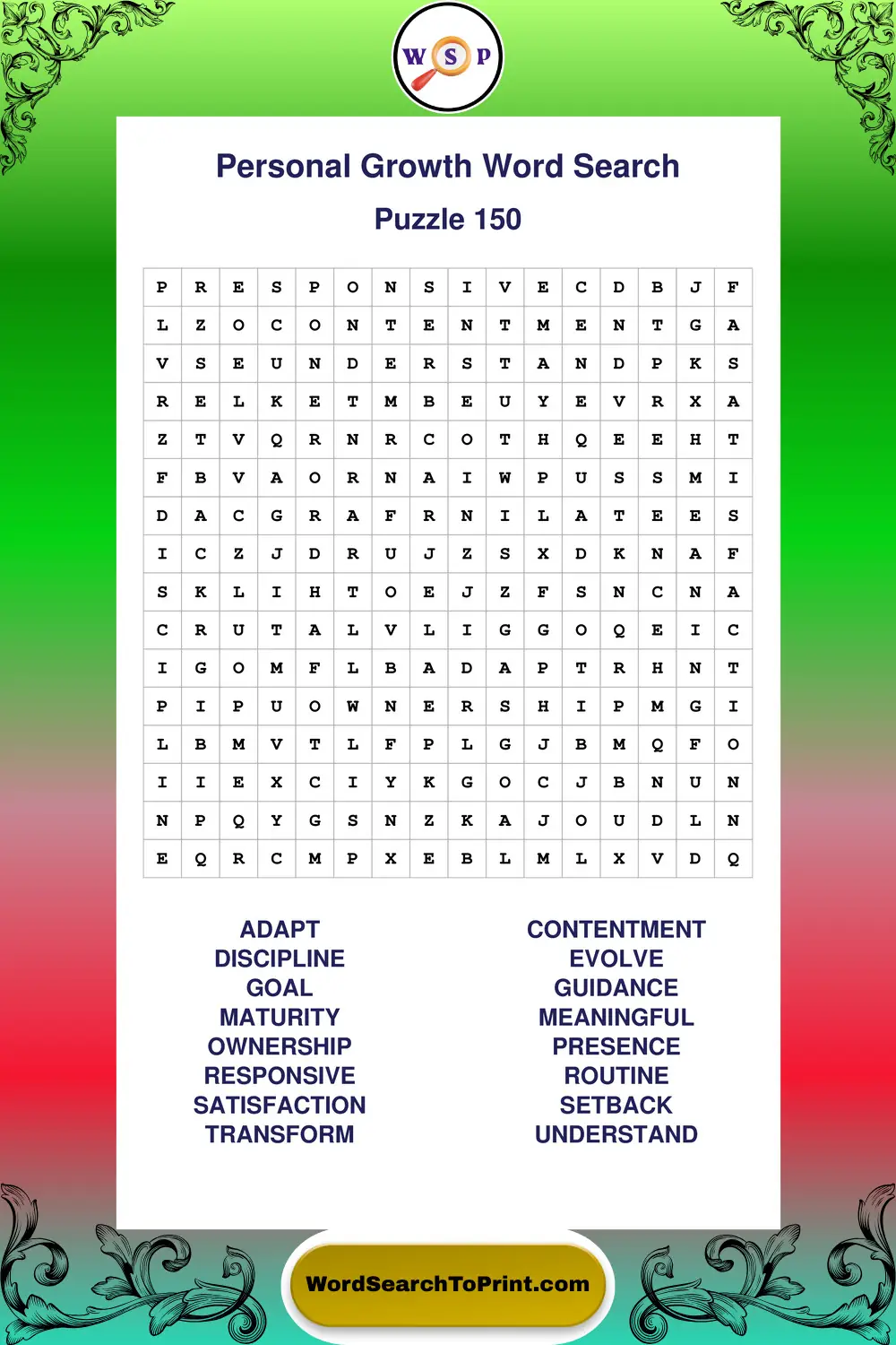 Personal Growth Word Search Puzzle 150