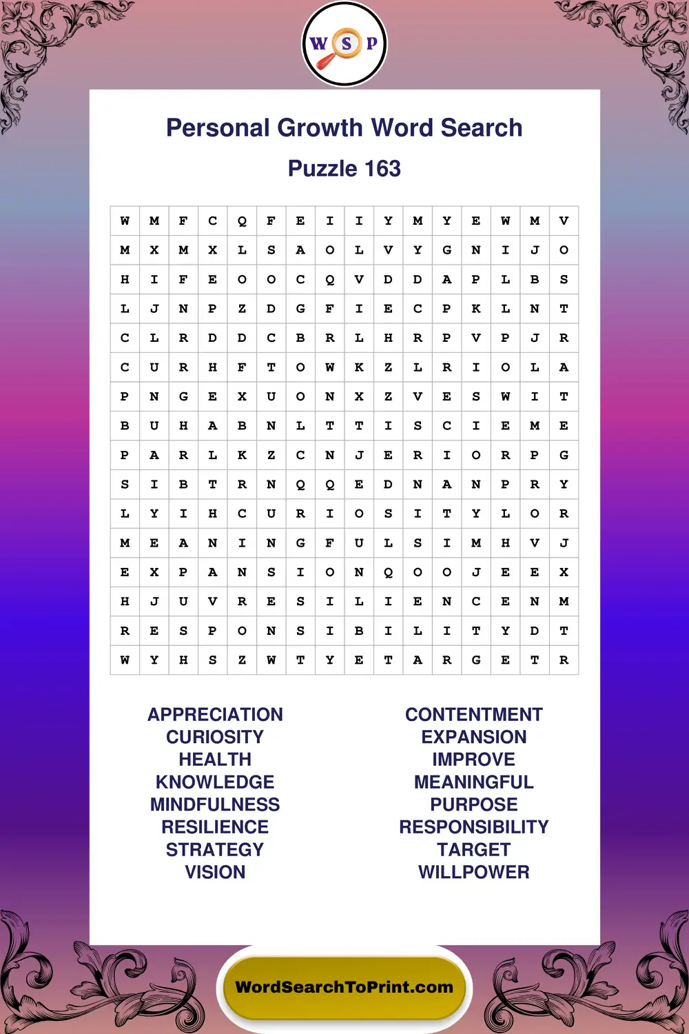 Personal Growth Word Search Puzzle 163