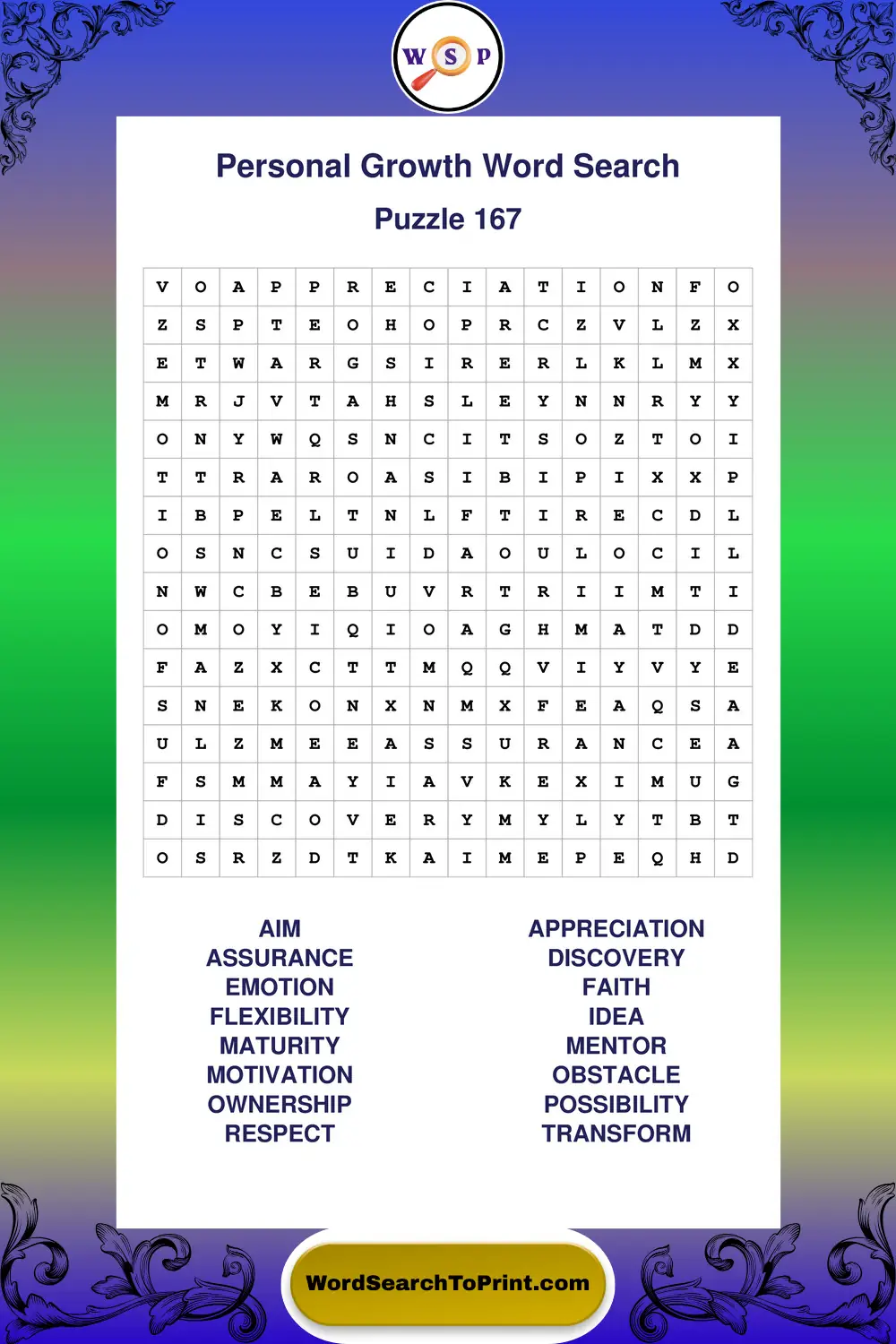 Personal Growth Word Search Puzzle 167