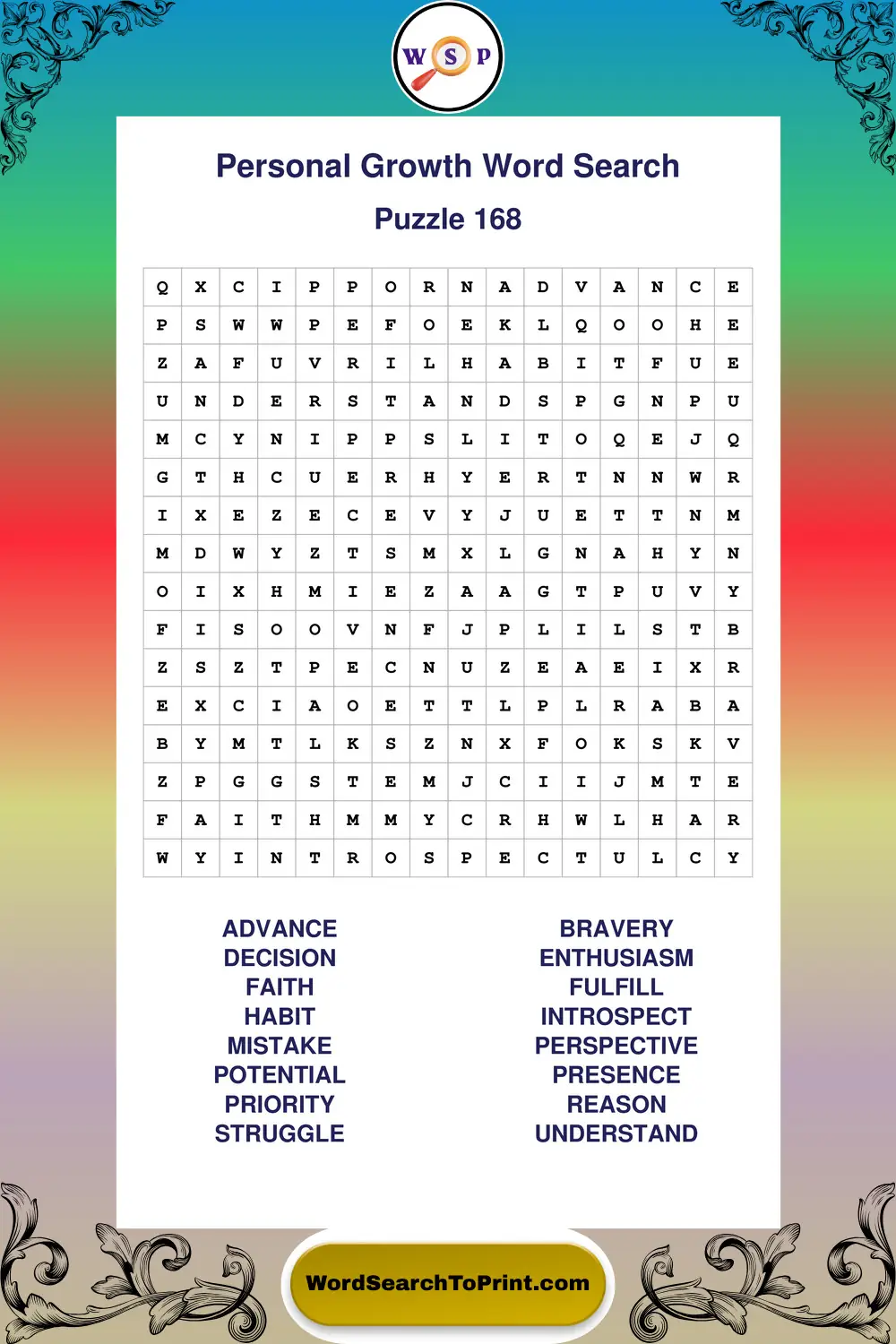Personal Growth Word Search Puzzle 168
