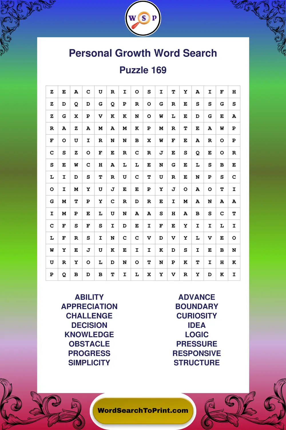 Personal Growth Word Search Puzzle 169