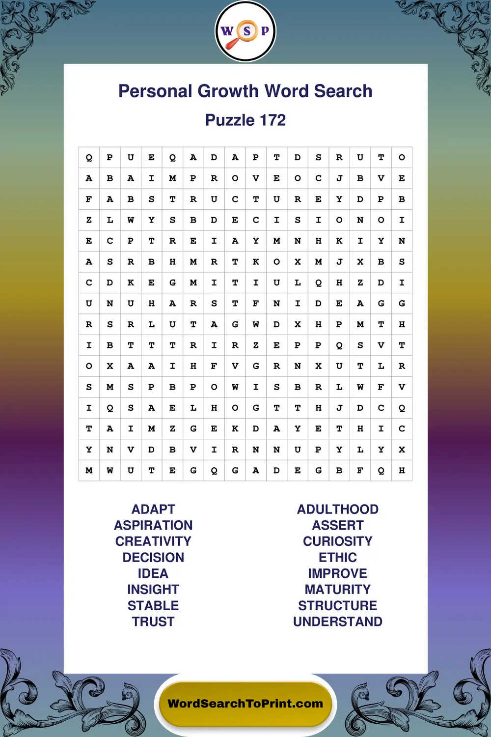 Personal Growth Word Search Puzzle 172
