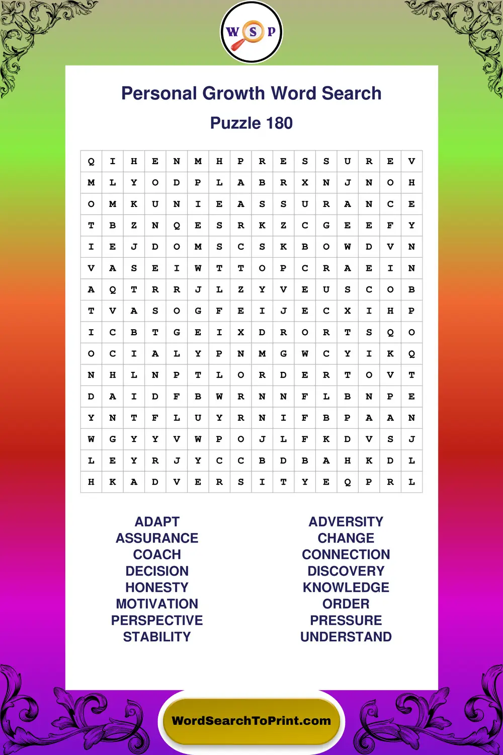Personal Growth Word Search Puzzle 180