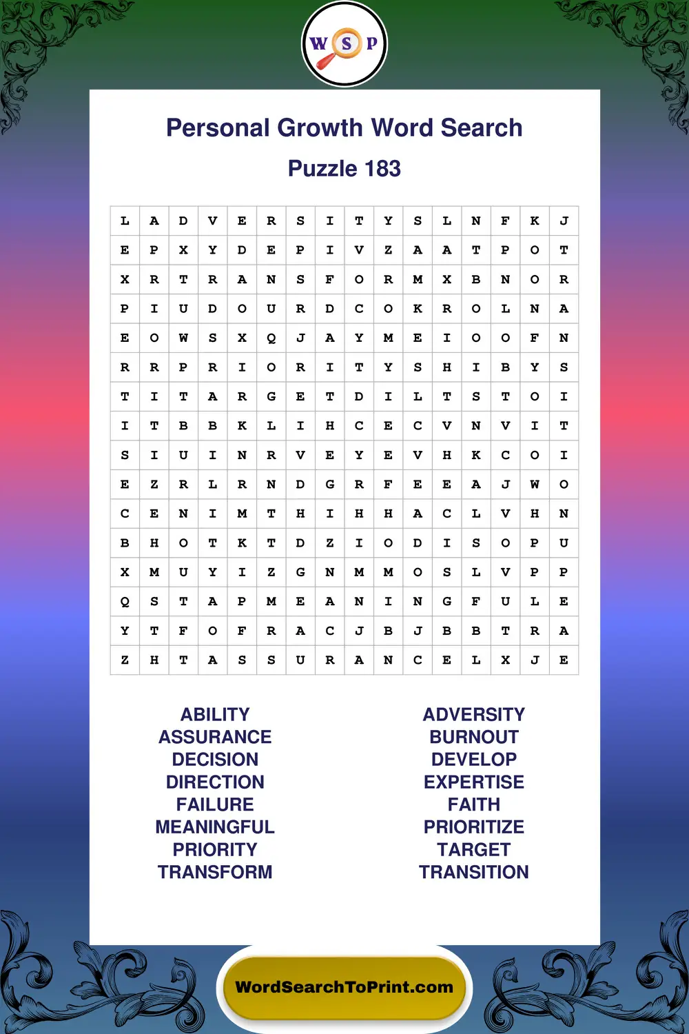 Personal Growth Word Search Puzzle 183
