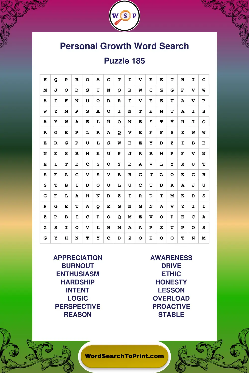 Personal Growth Word Search Puzzle 185
