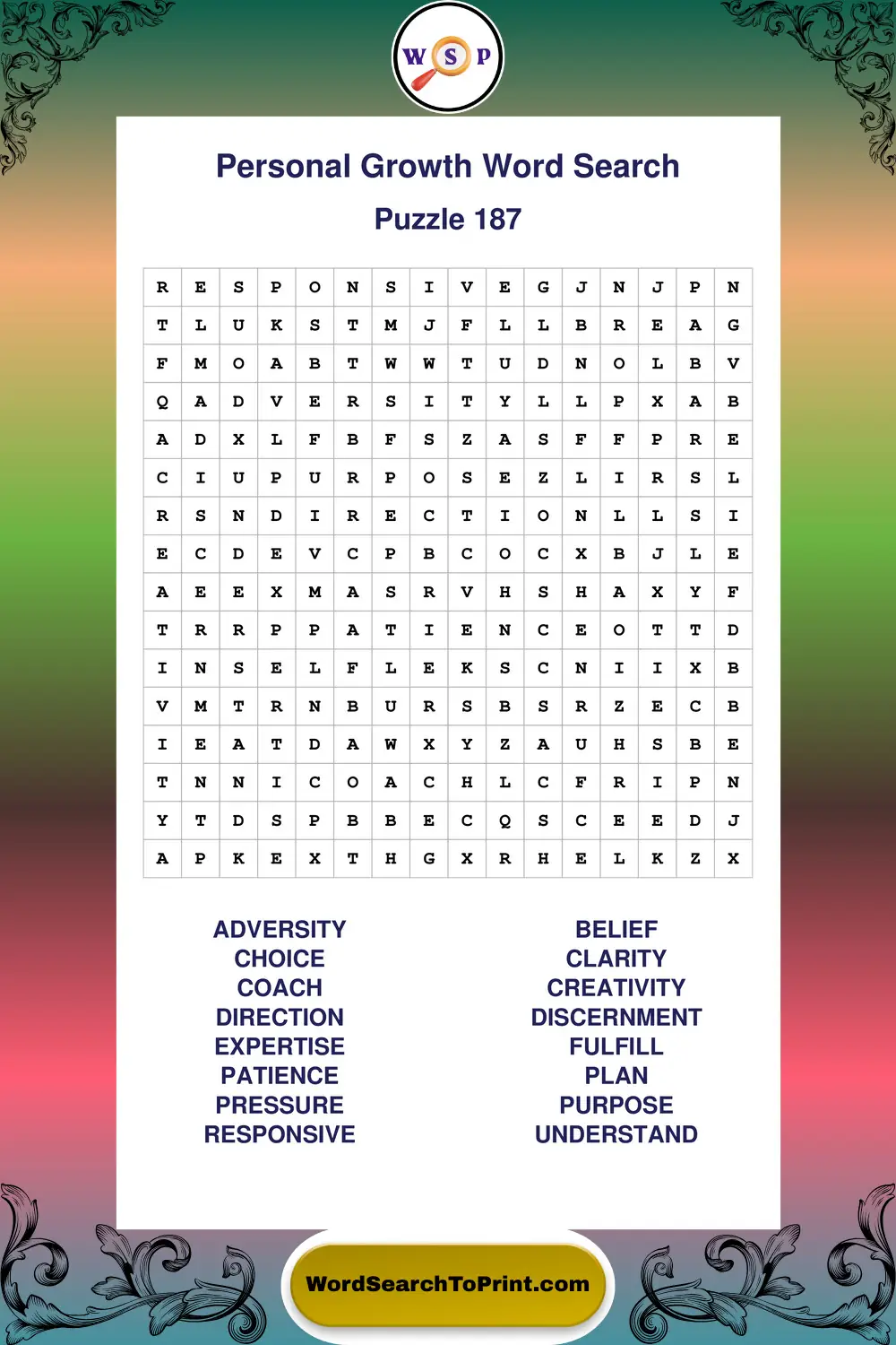 Personal Growth Word Search Puzzle 187