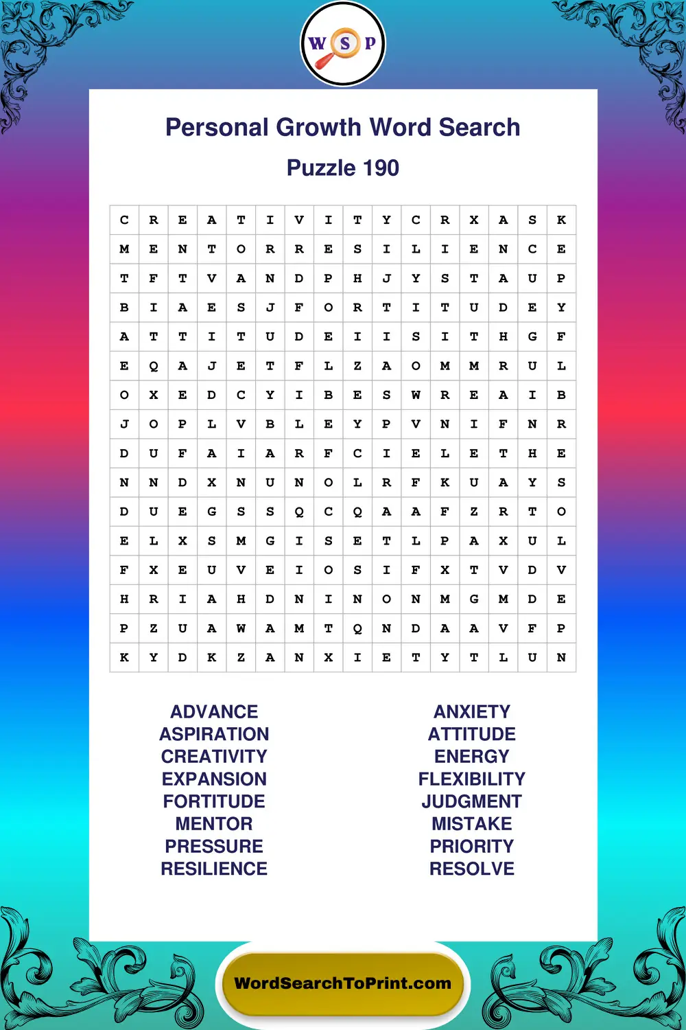 Personal Growth Word Search Puzzle 190