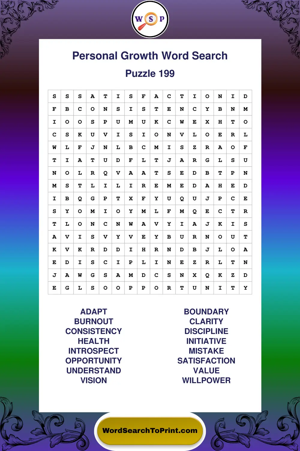 Personal Growth Word Search Puzzle 199