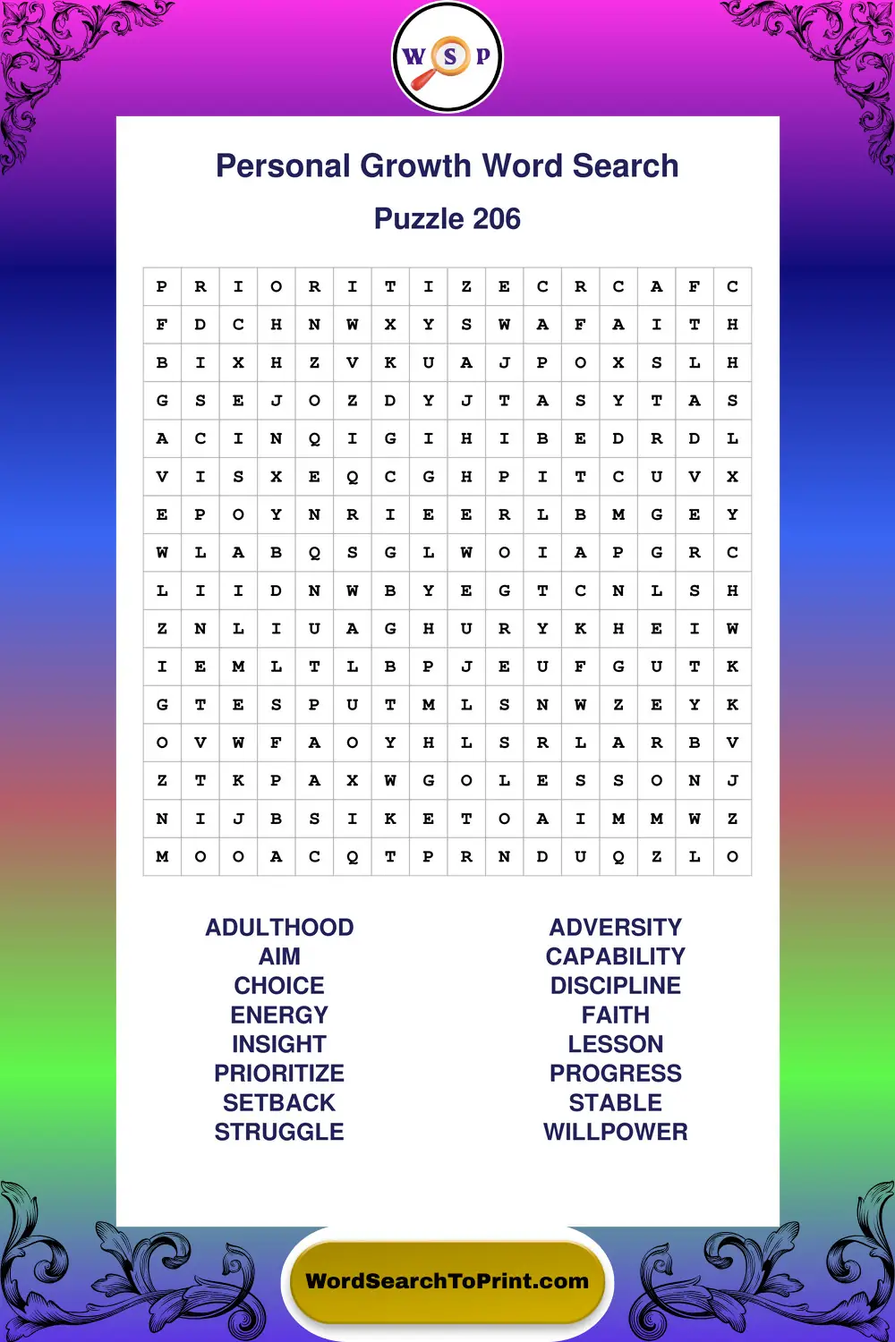 Personal Growth Word Search Puzzle 206