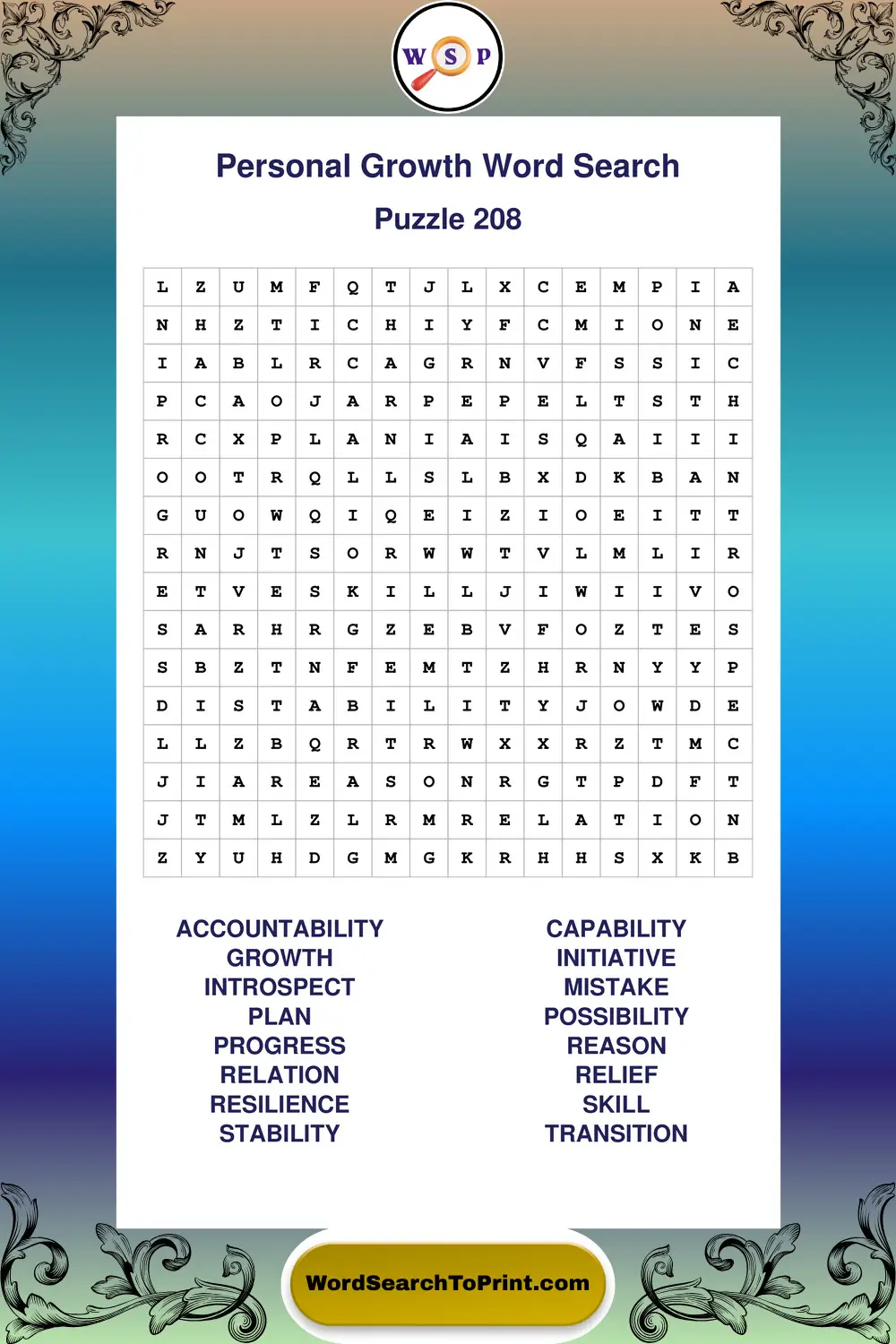 Personal Growth Word Search Puzzle 208