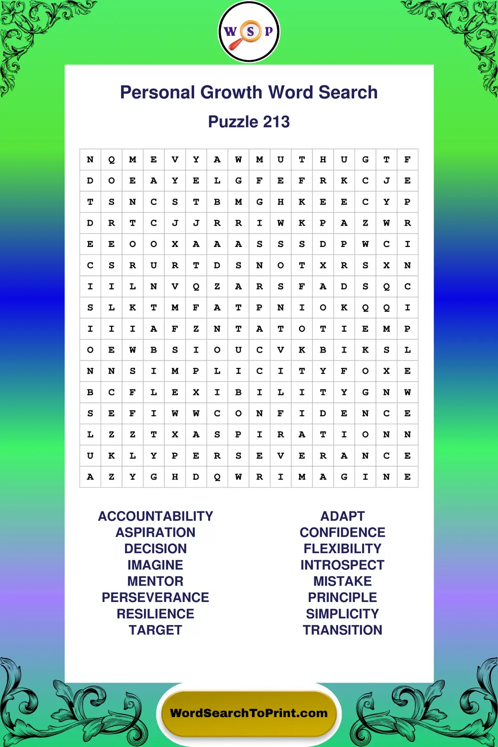 Personal Growth Word Search Puzzle 213
